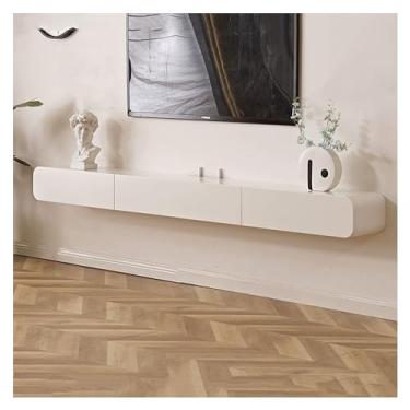 Imagem de Suporte de TV flutuante de madeira montado na parede com armário de armazenamento de mídia e duas gavetas, moderno centro de entretenimento para televisão com economia de espaço, decoração para sala