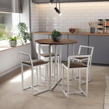 Imagem de Conjunto Mesa Redonda Imbuia 4 Cadeiras Pequena Estofado Industrial Wh