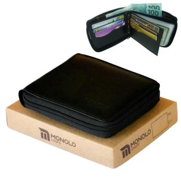 Imagem de Carteira Masculina Couro Legítimo Zíper Porta Cartão Slim Fina Bolso Completa Executiva Monolo-Masculino