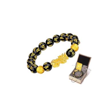 Imagem de Angyape Pulseira Feng Shui Obsidiana Preta, Pulseira Feng Shui Boa Sorte Riqueza Dragão Buda 12 mm Contas Elásticas Pixiu Meditação Descompressão Oração Pulseiras para Mulheres Homens Joias, Large,