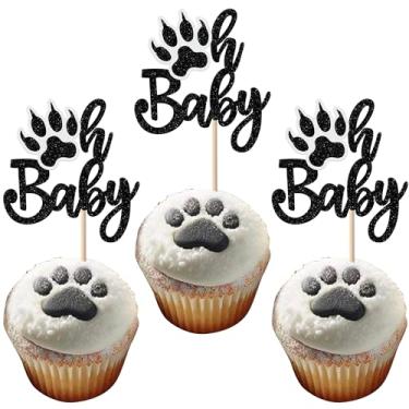 Imagem de Rsstarxi 24 Pack Oh Baby Paw Cupcake Toppers Glitter Glitter Dog Paw Cupcake Picks for Boys Girls Baby Shower Pets Birthday Party Cake Decorations Supplies Black