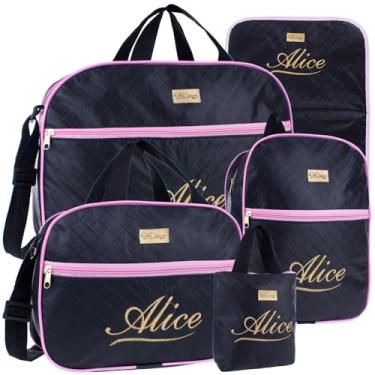 Imagem de Kit Maternidade 5 Peças com Nome Personalizado Versátil Moderno Menino e Menina (Preto com Rosa)