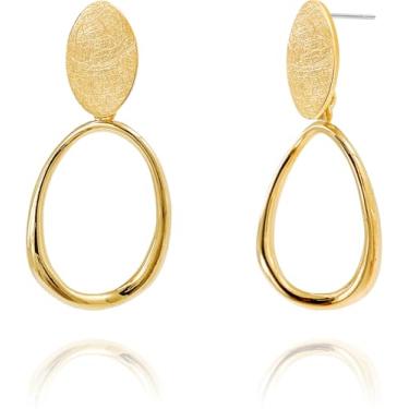 Imagem de OZEL Brincos de argola suspensos com gota de disco redondo duplo banhado a ouro 14K para mulheres, Latão, Sem pedras preciosas