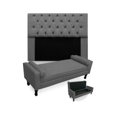 Imagem de Conjunto Cabeceira Mirage Com Recamier Baú Fenix King 195 cm Suede Cinza - dl decor