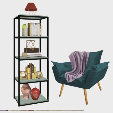 Imagem de Kit Poltrona Fatte com Manta Soft Lilás e Estante Livreiro Ferro Preto mdf Verde Oliva Suede Azul Turquesa - Ahazzo Móveis
