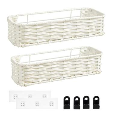 Imagem de RuralRattan Cesta de parede para pendurar, organizador adesivo de parede para armazenamento, prateleiras de armazenamento de tecido de vime de plástico para cozinha, quarto, banheiro, sala de estar