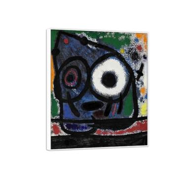 Imagem de MUHJDYC Imagem de arte de parede em tela Joan Miró - reprodução de impressões de arte famosas abstratas - pinturas com moldura branca para decoração de sala de estar (cabeça azul e pássaro) 70 x 85 cm