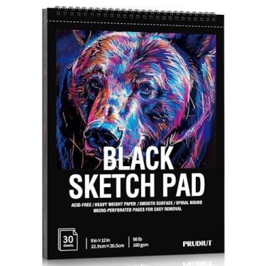 Imagem de Caderno de desenho de papel preto com 30 folhas, 44,5 kg/160 g/m², bloco de esboço preto pesado, 23 x 30 cm, papel de desenho sem ácido, caderno de esboço encadernado em espiral para crianças
