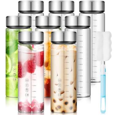 Imagem de Vesici 8 garrafas de vidro de 590 ml com tampas, garrafas de água de vidro transparentes reutilizáveis e transparentes com escala para sucos, vitaminas, leite, proteína, armazenamento de bebidas