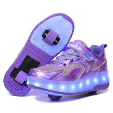 Imagem de Wooowyet Tênis de patins LED para crianças, meninos, meninas, leve, moderno, com rodas, recarregável, gancho e laço, Roxo espelhado, 14