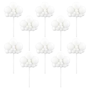 Imagem de 10 peças de enfeite de cupcake de nuvem, decorações realistas de bolo de pelúcia - bolas de fio e palhetas de bolo de sobremesa para aniversário, casamento, chá de bebê (branco)