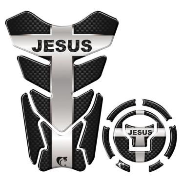Imagem de Kit Adesivo Resinado Protetor Tanque E Bocal Moto Honda Acima 2018 Jesus Preto Prata