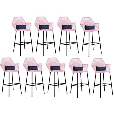 Imagem de Kit 09 Banqueta Alta Sttar Ferro Preto Fibra Rosa Bebê Almofada Corino Azul Marinho