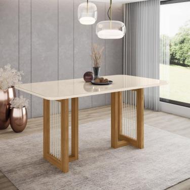 Imagem de Mesa De Jantar 160X90Cm Tampo Vidro/Mdf Canto Arredondado Yara Nature/Off White