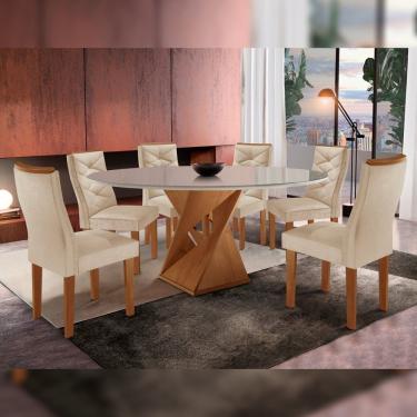 Imagem de Mesa Tampo Redondo Plus Vidro 120cmx120cm 6 Cadeiras Barcelona Cinamomo/off White/suede Pena