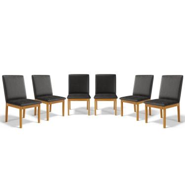 Imagem de Kit Com 6 Cadeiras Daniela Madeira Maciça Estofada Para Mesa De Jantar Courino Preto 503