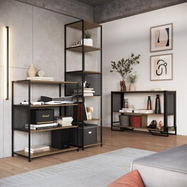 Imagem de Sala De Estar Completa Com 3 Itens Estante Media Telada, Aparador Telado E E Estante Média Telada Preto - Mel