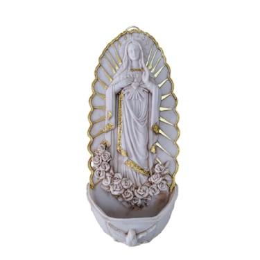 Imagem de wsmart Decoração de parede católica, fonte de água benta para casa, suporte de água benta montado na parede de resina branca feita à mão, fontes de estátua de Guadalupe virgem para altar doméstico