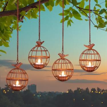 Imagem de ALL FORTUNE Luzes Solares Suspensas Para Áreas Externas, Pacote Com 4 Suportes Velas Em Formato De Gaiola Pássaros Rústica Lustre À Prova D'Água Chá, Árvore, Pérgola, Decoração Pátio (4)