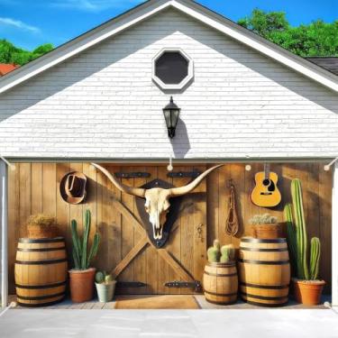Imagem de BlissYard Faixa de porta de garagem de 4 x 1,8 m, pano de fundo ocidental, capa de porta de garagem de boas-vindas, decoração de celeiro do oeste, adereços para fotos de férias para primavera, verão