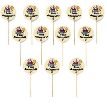 Imagem de Kit 12 Picks Decorativos Arranjo Flores Madeira Feliz Niver
