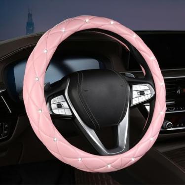 Imagem de Capa de volante de diamante com strass de cristal para acessórios interiores de carro, antiderrapante, couro sintético, ajuste universal automático de 38 cm (rosa)