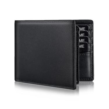 Imagem de Carteira masculina de couro genuíno com bloqueio de RFID com 12 compartimentos para cartão, janela para 2 documentos e 2 bolsos para dinheiro – Inclui caixa de presente, Preto, Clássico