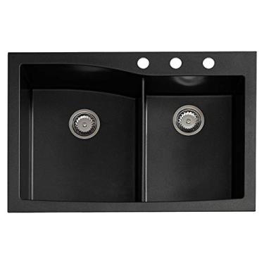 Imagem de Transolid GTDW3322-09-ABC Genova SilQ Granito 3 furos dupla montagem offset pia de cozinha, 83,8 cm C x 55,8 cm L x 25,2 cm A, preto