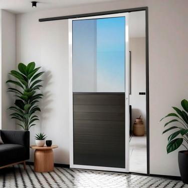 Imagem de Porta De Correr Suspensa 210x80cm Meia Lambril Meia Vidro Esq L.25 Mix Preto