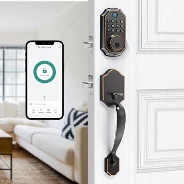 Imagem de LOCK&SOLVER Fechadura de porta de teclado com alça, fechaduras inteligentes para porta da frente, fechadura de entrada sem chave, trava de fechadura com conjunto de alças, controle remoto de