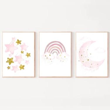 Imagem de LUHDFYS Pintura em tela nórdica desenho animado lua rosa e estrelas pôster de quarto de bebê infantil mural bonito imagem arco-íris decoração de salas de estar sem moldura
