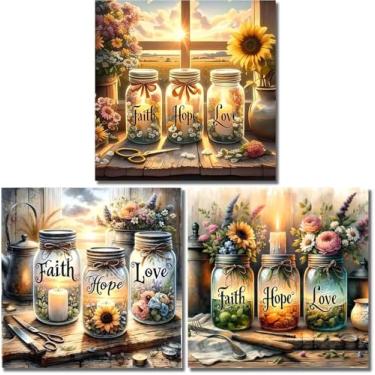 Imagem de ARPADAMO Pacote com 3 kits de diamante para adultos, 5D Hope, Faith, Love DIY Diamond Art Flower Diamond Painting Kit de arte para adultos, diamantes redondos completos, kit de arte de diamante para