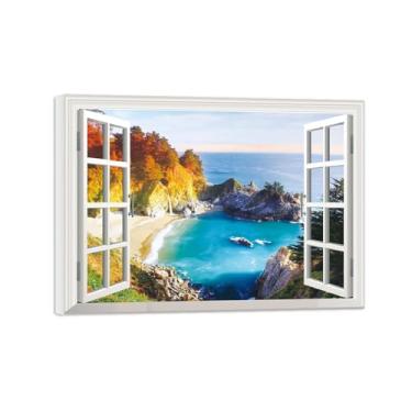 Imagem de Quadro Parede Janela Falsa-Impressões em Tela Paisagens-Mountain Beach-Natureza Arte Pinturas Decoração Sala de Estar 50x70cm-19x27in Tela Embrulhada