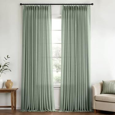 Imagem de Cortinas transparentes plissadas de linho verde sálvia 300 cm de comprimento, cortinas plissadas em formato de memória, sala de estar, quarto, cortina de privacidade semitransparente, grossa