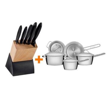 Imagem de Kit - Faqueiro Plenus 6 Peças + 1 Jogo De Panelas Inox Allegra 5 Peças