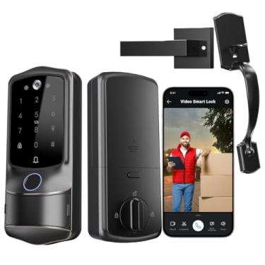 Imagem de Fechadura inteligente com alça (câmera 2K | áudio bidirecional | impressão digital | Wi-Fi | aplicativo Tuya | teclado | recarregável) – fechadura de entrada sem chave para porta da frente, fácil