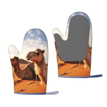 Imagem de Luvas de forno de silicone resistentes ao calor, luvas de cozinha forradas de algodão grosso, conjunto de 2 pegadores de panela longos, flexíveis, impermeáveis para descanso de camelos, luvas de