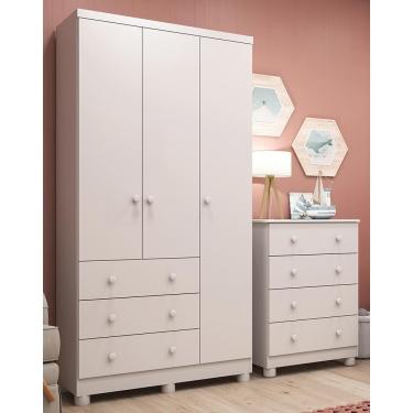 Imagem de Jogo De Quarto Infantil Júnior Guarda Roupa 3 Portas E Cômoda 4 Gavetas Branco Brilho - Móveis Peroba