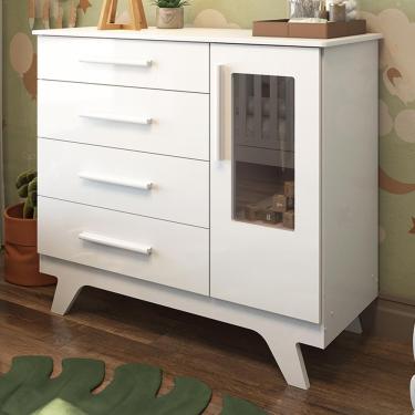 Imagem de Cômoda Infantil Retrô 1 Porta Com Janela E 4 Gavetas Branco Brilho - Móveis Peroba