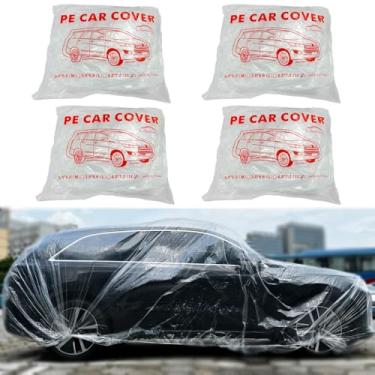 Imagem de 4 pacotes de capa de carro descartável de plástico transparente capa universal de chuva poeira garagem capa com elástico grande (15,7FT x 24,6FT)