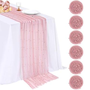Imagem de LuoluoHouse Caminho de mesa de pérola rosa empoeirado: tule 3 m pérola tule tecido centros de mesa casamento renda arco para chá de panela véu chá de bebê coração decoração de mesa de aniversário
