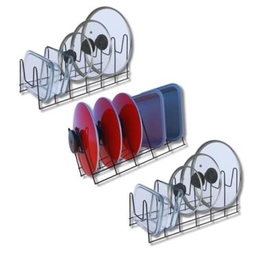 Imagem de Kit com 3 Porta Refratário Aramado Suporte Organizador Para Tampas de Panela Frigideiras Tábuas de carne Assadeiras Formas de Bolo e Travessas Ideal para Armário de Cozinha 33cm x 15cm Cor Preto