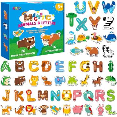 Imagem de 52 Peças Ímans de letras e animais, decorações magnéticas de alfabeto animal para frigorífico, brinquedo educativo de aprendizagem A-Z para crianças