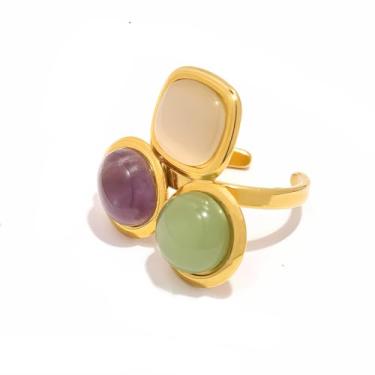 Imagem de Boho Anel feminino geométrico de pedra natural banhado a ouro hipoalergênico ajustável aberto vintage pedra preciosa anel de noivado aliança de casamento ajuste firme joias, Metal, Sem pedra preciosa