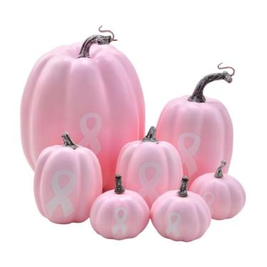 Imagem de KiBcsLic 7 peças de abóboras artificiais de outono, enfeites artesanais faça você mesmo, decoração de abóbora de espuma falsa para centro de mesa, chá de bebê, Luz Rosa