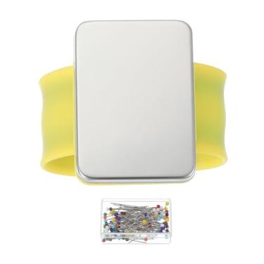 Imagem de PATIKIL Pulso com almofada de pino magnético, suporte de almofada de costura magnética com agulhas de acolchoamento de cabeça esférica, pulseira de pino para costurar, trançar, acolchoar, grampos de