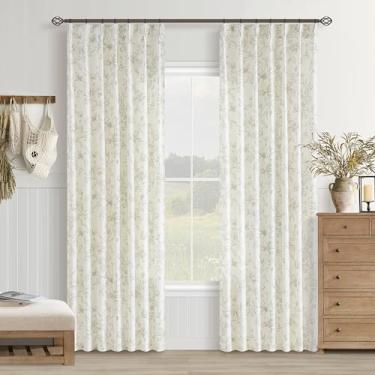 Imagem de Cortinas plissadas de linho floral verde sálvia para sala de estar, 203 cm de comprimento, estampa de flor de peônia, cortina de fazenda, vintage, country, boho, filtro de luz, plissado, cortinas