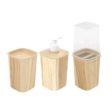 Imagem de Kit Banheiro Lavabo Porta Escovas de Dentes Saboneteira Porta Sabonete Líquido E Algodão (Amadeirado)