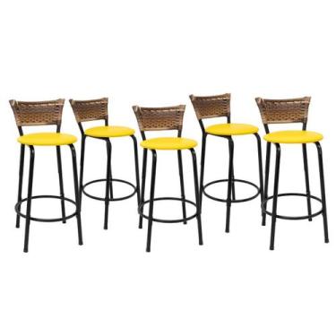 Imagem de Kit 5 Banquetas Para Balcão 60cm Preta Junco Cappuccino Balcão Bistrô 