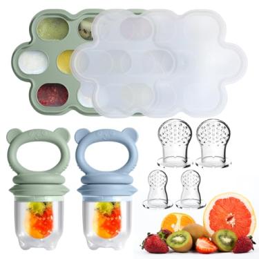 Imagem de Catvegue Conjunto de alimentador de comida de bebê - 2 alimentadores de silicone e bandeja reutilizável para freezer com tampa (verde + azul)